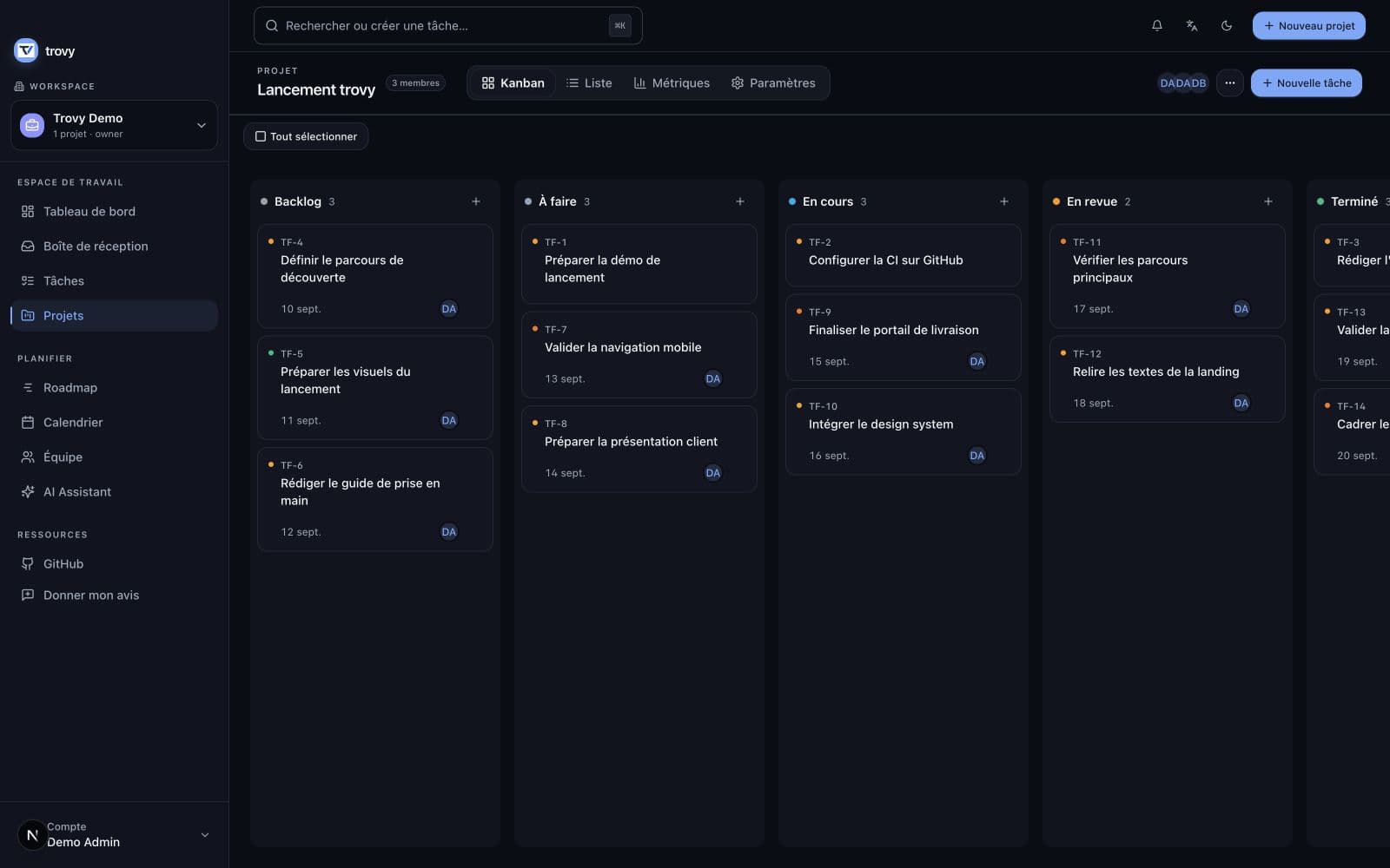 Tableau Kanban dans l’application Trovy, projet de démonstration avec données fictives