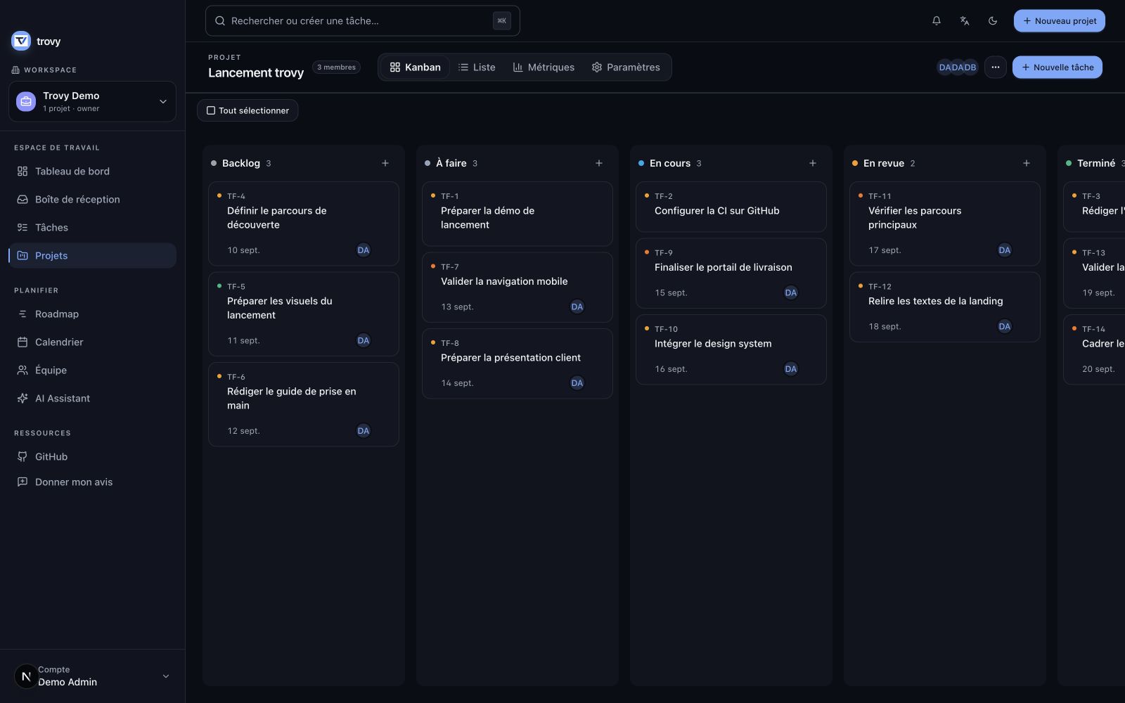 Tableau Kanban dans l’application Trovy, projet de démonstration avec données fictives