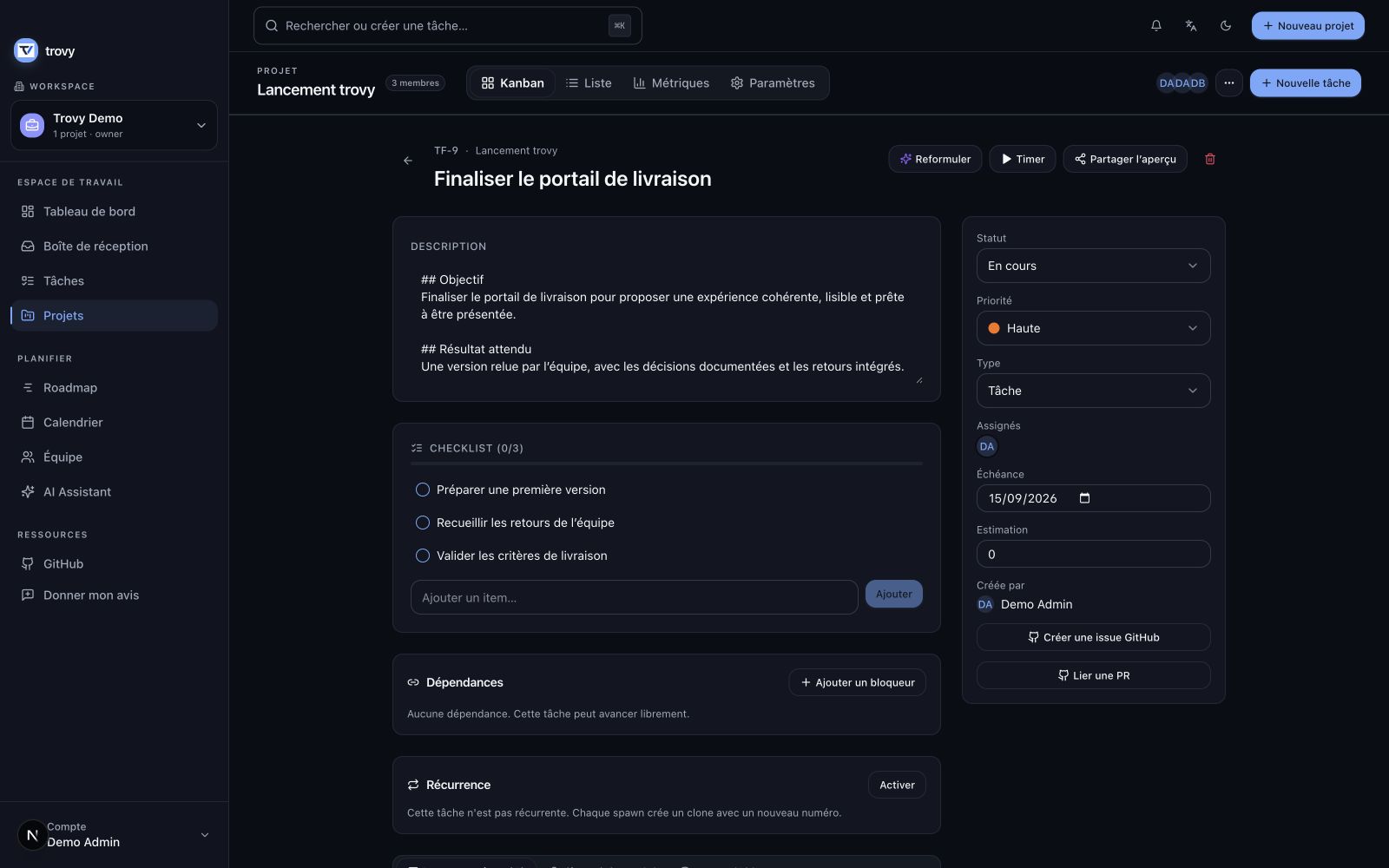 Détail d’une tâche dans l’application Trovy, projet de démonstration avec données fictives